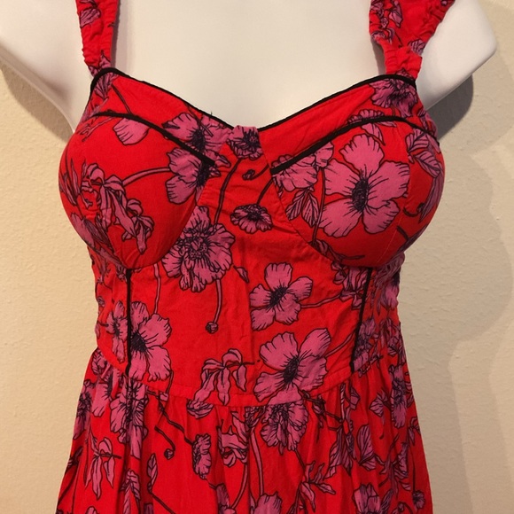 Free People Red Floral Mini Dress Small Boho Convertible Strap Fit & Flare - Picture 4 of 8